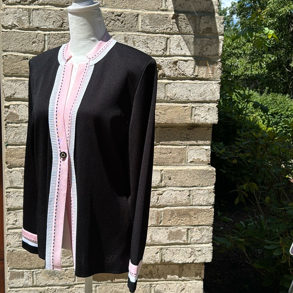 Exclusively Misook Black with Pink One Button Cardigan Jacket - Petite XL